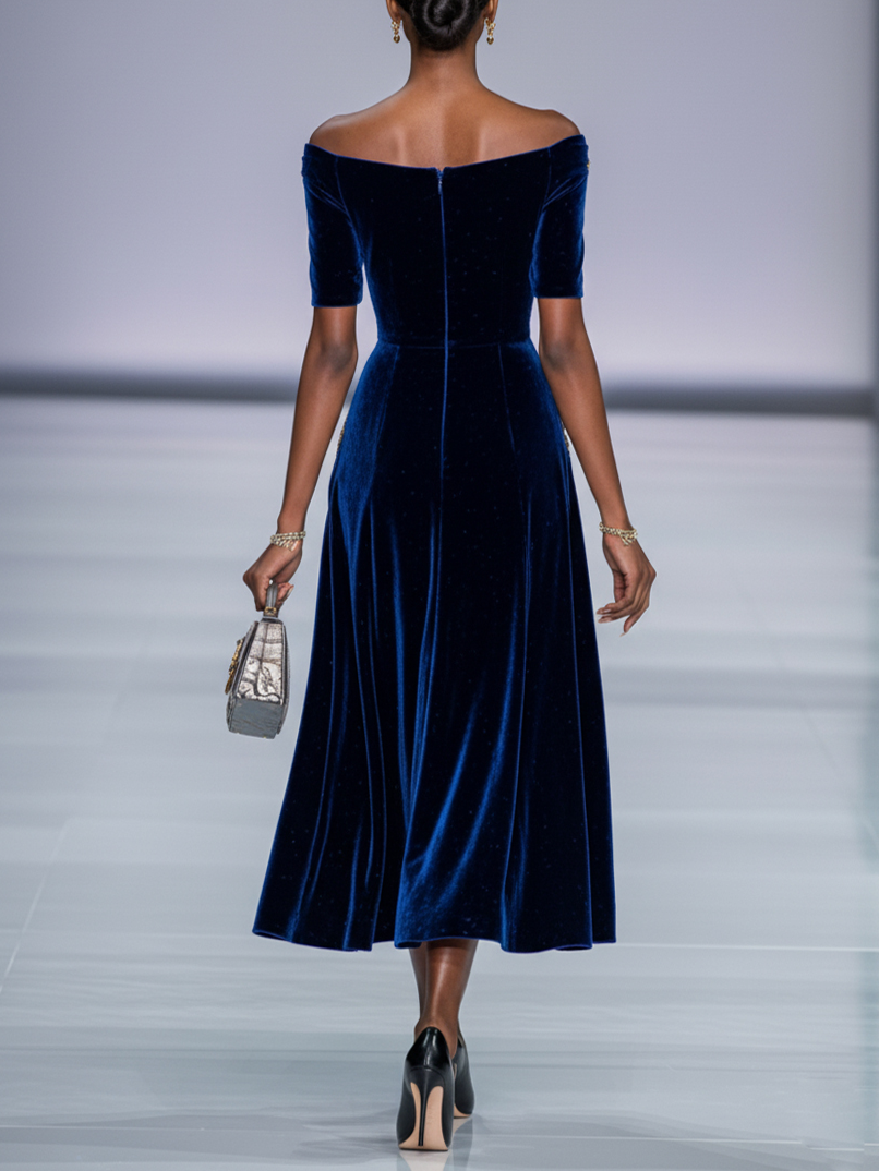 Elegant A-Line Off The Shoulder Half Sleeve Zipper Up Tea-Length Prom Dress